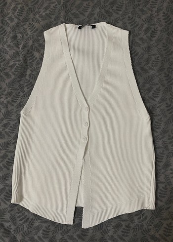 Düğmeli Beyaz V Yaka Triko Kadın Yelek - Görsel 2