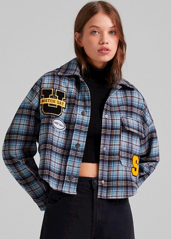 Gri Ekoseli Mini Denim Gömlek