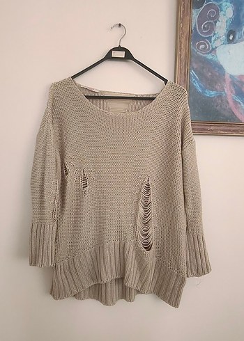 Bej Oversize Örgü Kadın Kazak