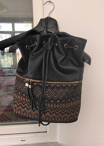 LTB Nakışlı Deri Siyah Bohem Sırt Çantası