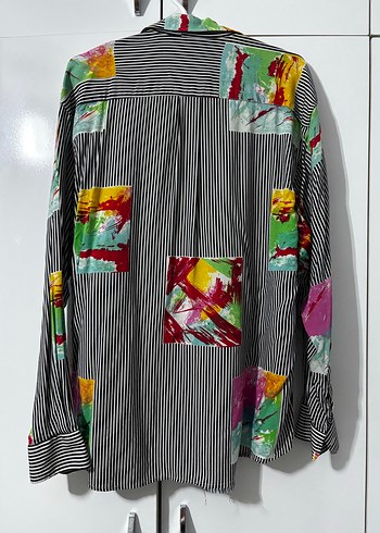 Çizgili Renkli Desenli Uzun Kollu Gömlek Vintage - Görsel 3