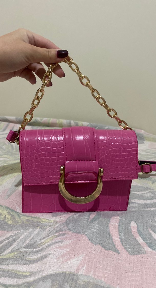 Zincir Detaylı Parlak Pembe Yılan Desenli Kadın Çanta - Görsel 2