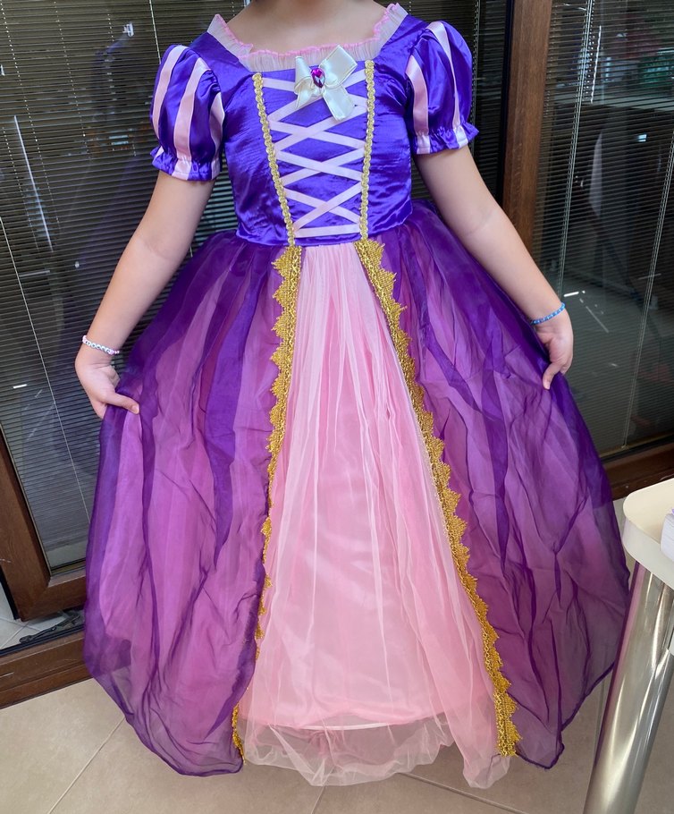 Rapunzel Kostüm Mor ve Pembe Kız Çocuk Prenses Elbisesi - Görsel 2