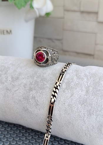 Yakut taşlı Gümüş Yüzük ve Gümüş bilekli - Görsel 4