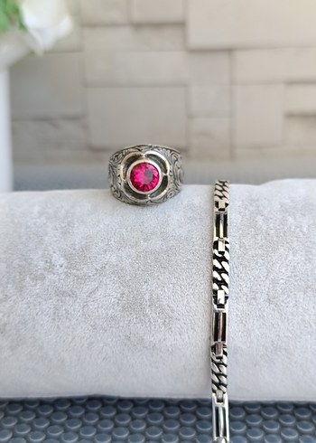 Yakut taşlı Gümüş Yüzük ve Gümüş bilekli - Görsel 3