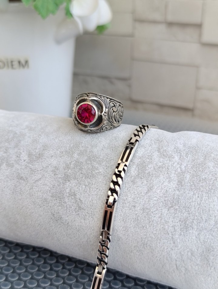 Yakut taşlı Gümüş Yüzük ve Gümüş bilekli - Görsel 4