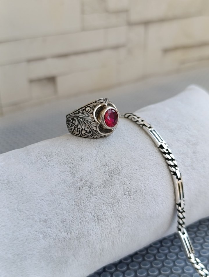Yakut taşlı Gümüş Yüzük ve Gümüş bilekli - Görsel 2