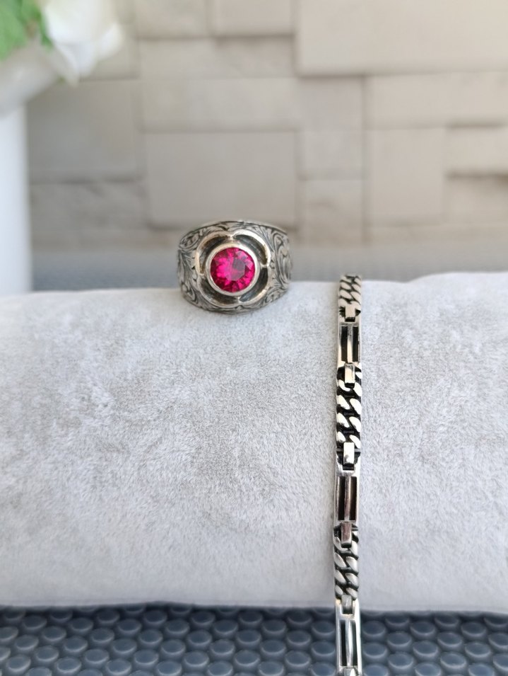 Yakut taşlı Gümüş Yüzük ve Gümüş bilekli - Görsel 3