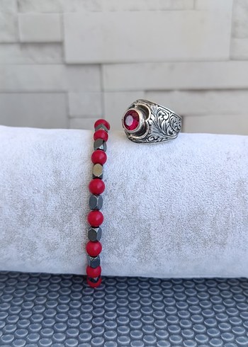 Yakut Taşlı Gümüş Yüzük ve Hematit Bileklik - Görsel 4