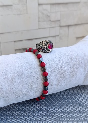 Yakut Taşlı Gümüş Yüzük ve Hematit Bileklik - Görsel 3