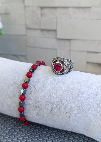 Yakut Taşlı Gümüş Yüzük ve Hematit Bileklik - Görsel 2