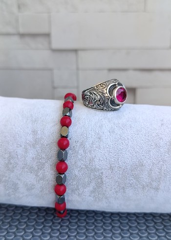 Yakut Taşlı Gümüş Yüzük ve Hematit Bileklik - Görsel 5