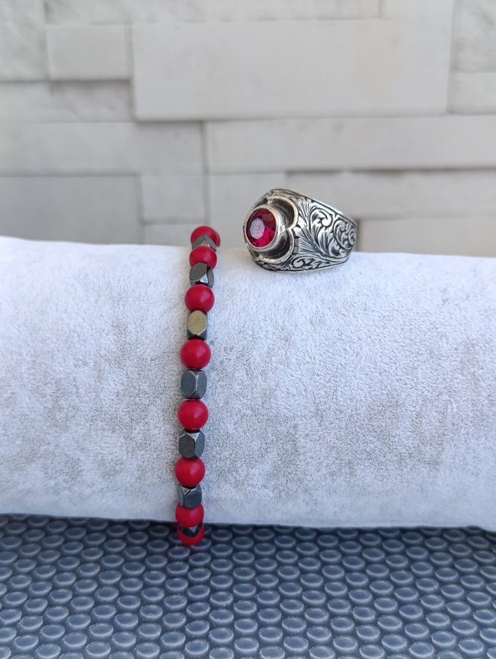 Yakut Taşlı Gümüş Yüzük ve Hematit Bileklik - Görsel 4