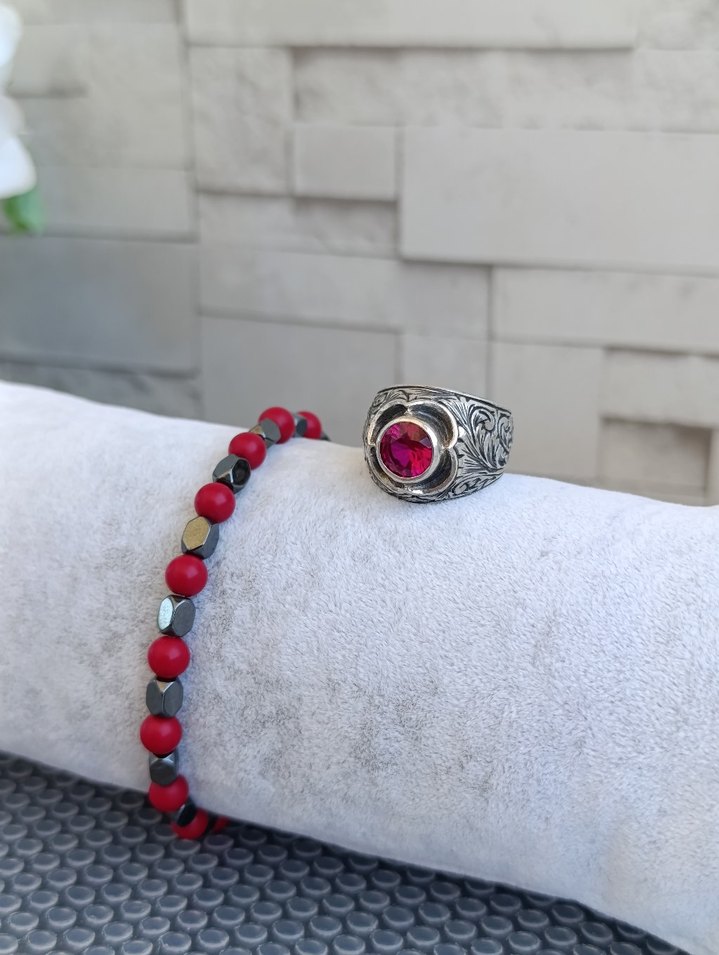 Yakut Taşlı Gümüş Yüzük ve Hematit Bileklik - Görsel 2