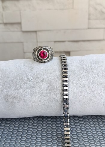 Yakut Taşlı Gümüş Yüzük ve Hematit Bilek - Görsel 4