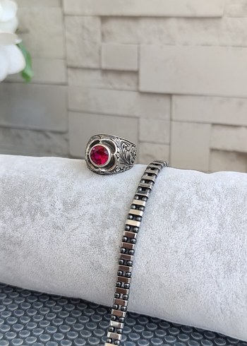 Yakut Taşlı Gümüş Yüzük ve Hematit Bilek - Görsel 2