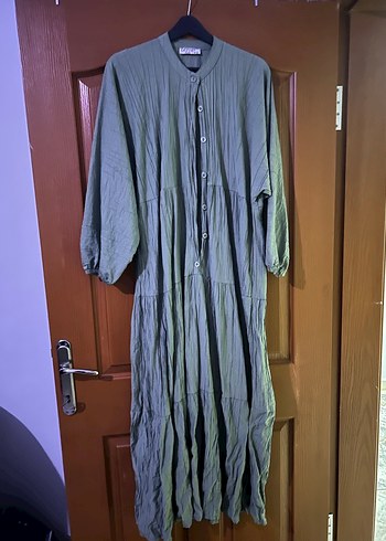 Düğmeli Uzun Yeşil Rahat elbise - Görsel 2