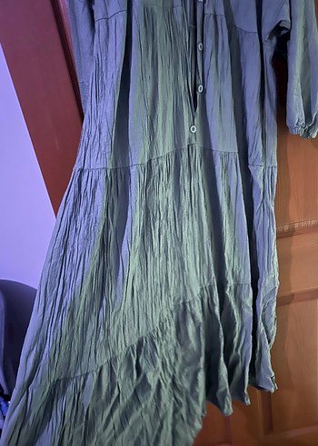 Düğmeli Uzun Yeşil Rahat elbise - Görsel 3