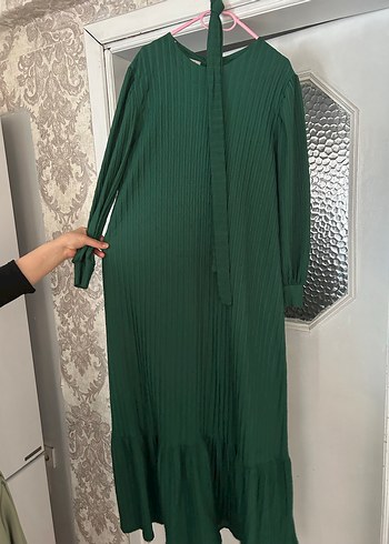 Yeşil Piliseli Midi Keten Elbise - Görsel 2