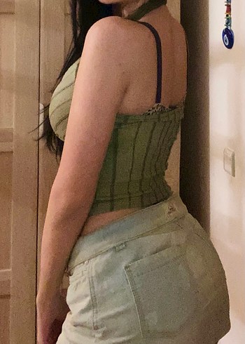 vintage haki boyundan bağlama crop - Görsel 2