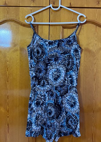 s Beden Kadın Mavi Batik Desenli Kısa Tulum