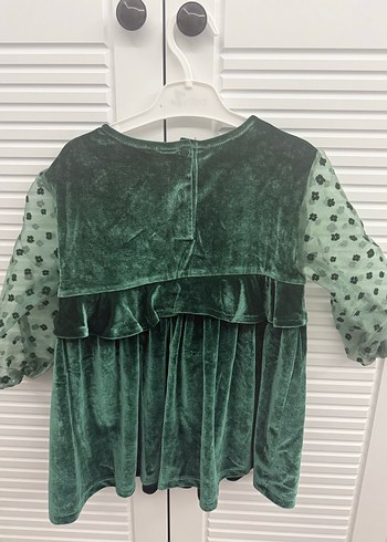 Koyu Yeşil Kız Çocuk Fırfırlı Kadife Elbise - Görsel 3