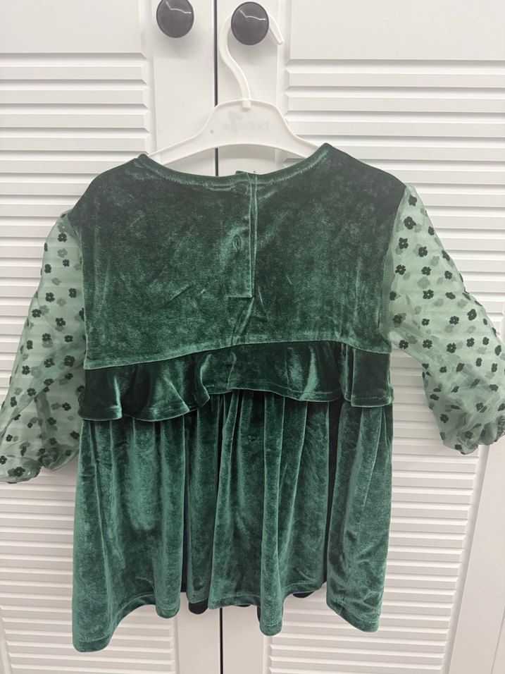 Koyu Yeşil Kız Çocuk Fırfırlı Kadife Elbise - Görsel 3