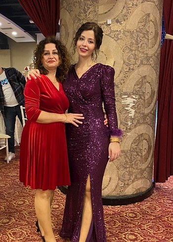 Mor Parlak Payetli Abiye Elbise
