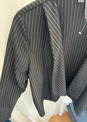 Kadın Siyah Çizgili Midi Blazer Ceket - Görsel 6