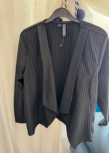 Kadın Siyah Çizgili Midi Blazer Ceket - Görsel 4