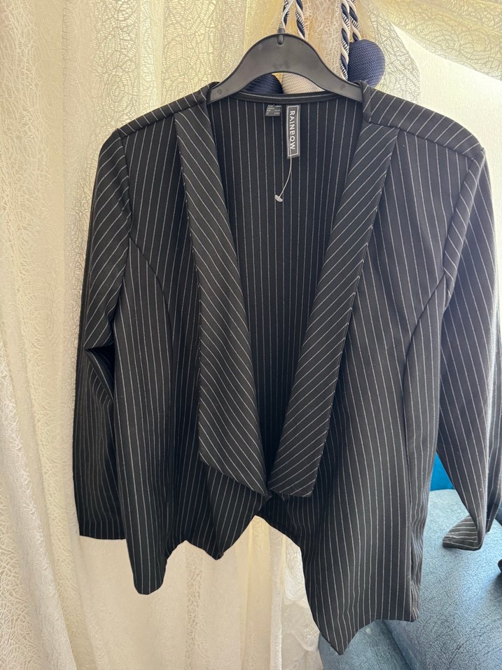 Kadın Siyah Çizgili Midi Blazer Ceket - Görsel 4