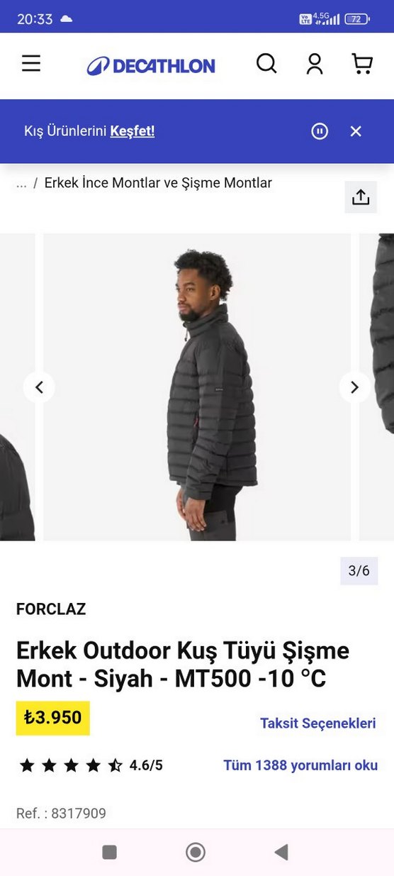 FORCLAZ Siyah Erkek Outdoor Kuş Tüyü Şişme Mont L.beden - Görsel 3