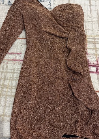 Kahverengi Drapeli Uzun Kollu Abiye Elbise - Görsel 3