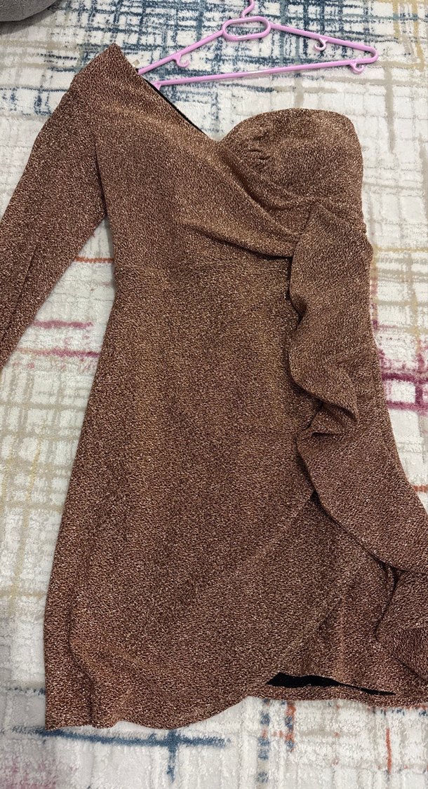 Kahverengi Drapeli Uzun Kollu Abiye Elbise - Görsel 3