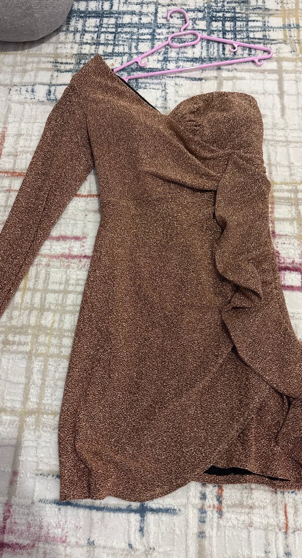 Kahverengi Drapeli Uzun Kollu Abiye Elbise - Görsel 2