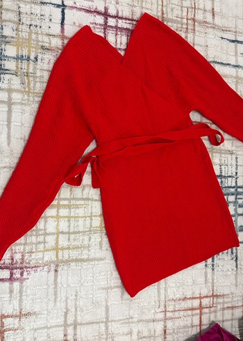 Kırmızı V Yaka Uzun Kollu Triko Kazak - Görsel 3