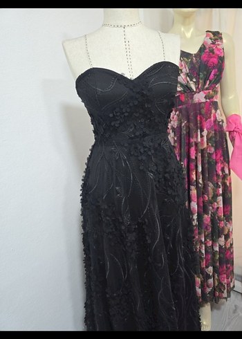 Dantelli Straplez Siyah Uzun Abiye Elbise - Görsel 4