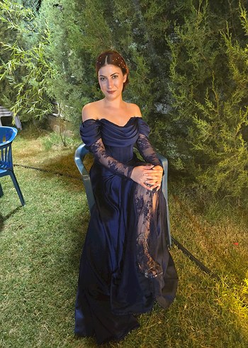 Uzun Lacivert Kadın Abiye Elbise - Görsel 4