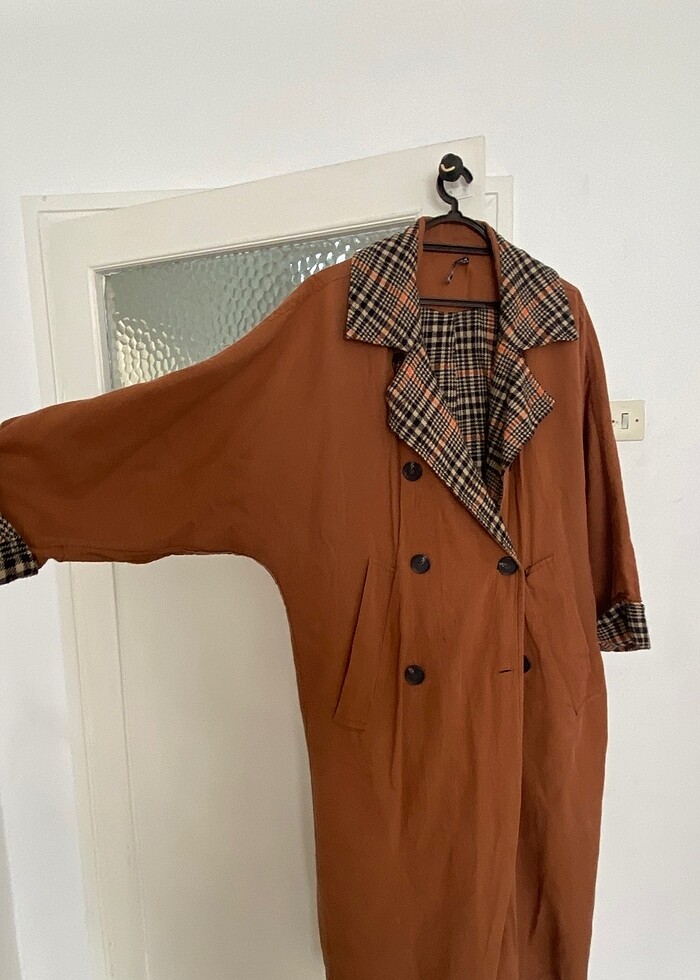 Kiremit Rengi Kalın Trençkot Oversize - Görsel 4