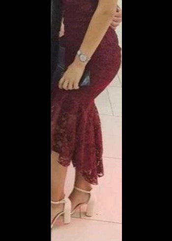 Bordo Dantel İşlemeli V Yaka Uzun Elbise - Görsel 2