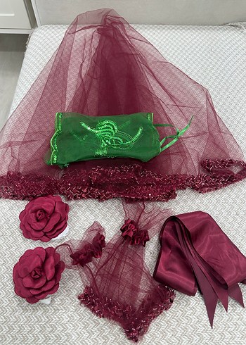 Beden Bordo Dantel İşlemeli Bohem Düğün Aksesuar Seti