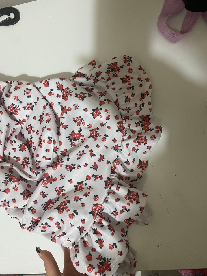 Beyaz Çiçek Desenli Drapeli Mini Elbise - Görsel 2