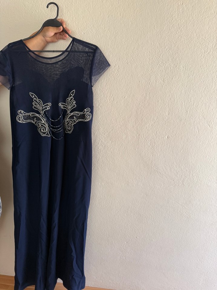 Uzun Siyah V Yaka Strappy Abiye Elbise - Görsel 3