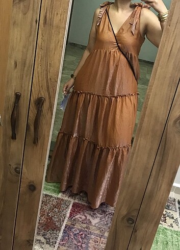 Tarçın rengi uzun elbise