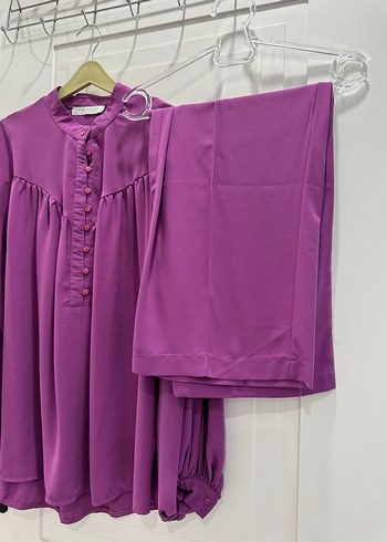Mor Düğmeli Uzun Kollu Bluz şifon ıkılı takım - Görsel 3