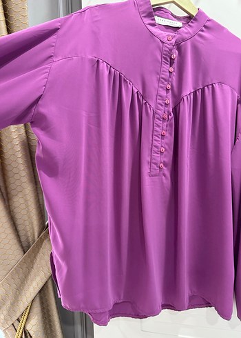 Mor Düğmeli Uzun Kollu Bluz şifon ıkılı takım - Görsel 4