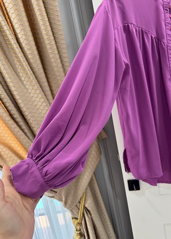 Mor Düğmeli Uzun Kollu Bluz şifon ıkılı takım - Görsel 5