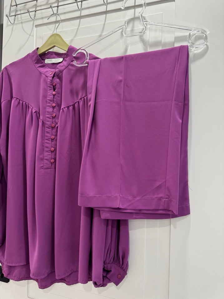 Mor Düğmeli Uzun Kollu Bluz şifon ıkılı takım - Görsel 3