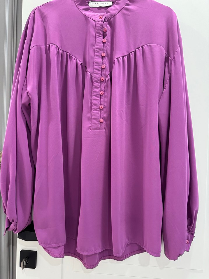 Mor Düğmeli Uzun Kollu Bluz şifon ıkılı takım - Görsel 2