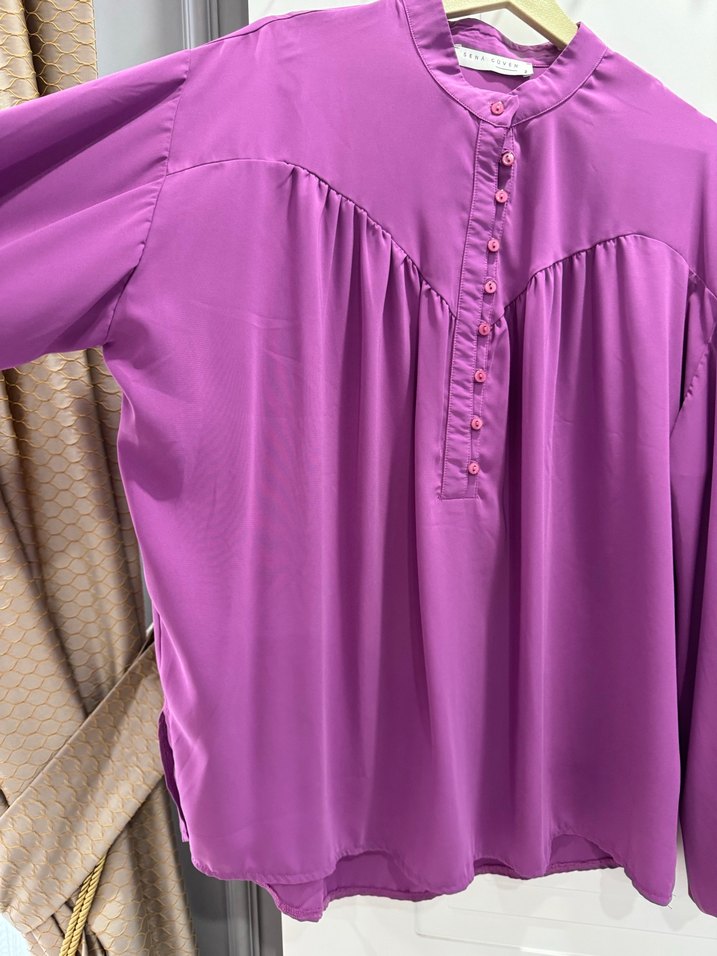 Mor Düğmeli Uzun Kollu Bluz şifon ıkılı takım - Görsel 4